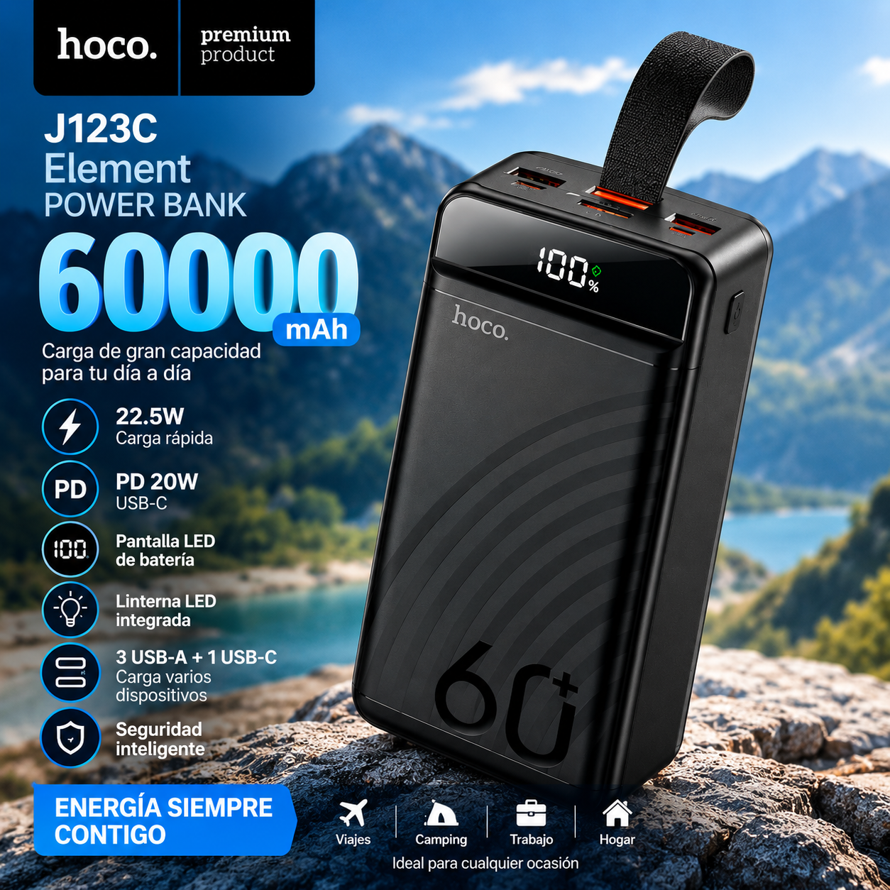 Power Bank HOCO J123C 60000mAh Carga Rápida 22.5W