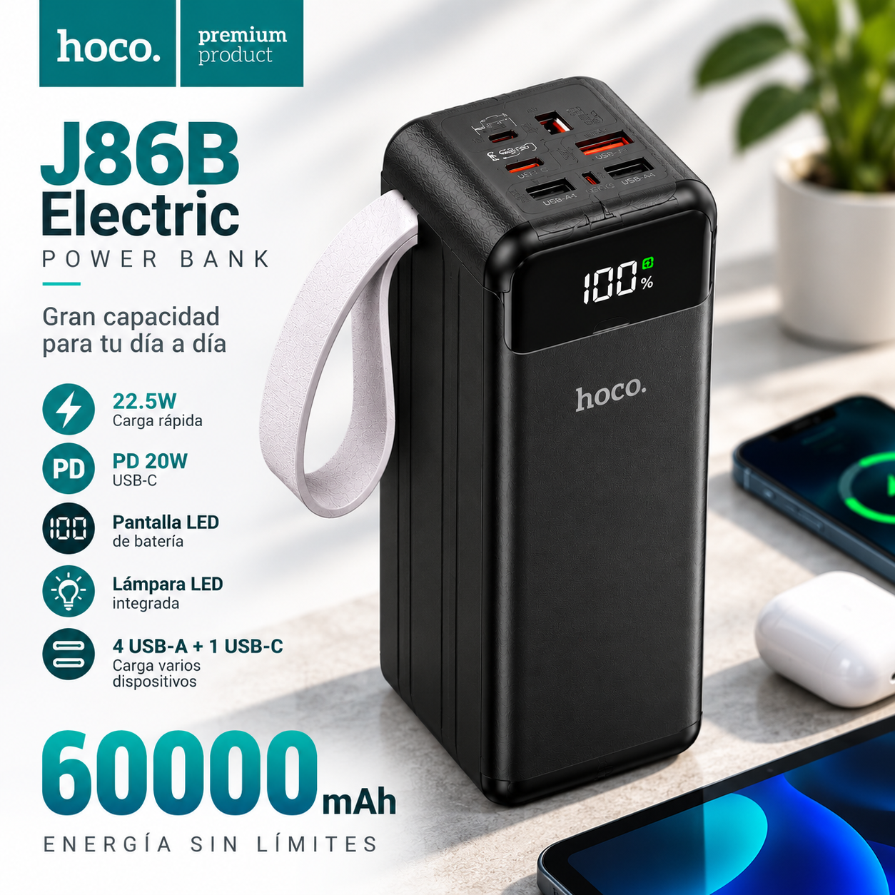 Power Bank HOCO J86B 60000mAh Carga Rápida 22.5W - Imagen 3