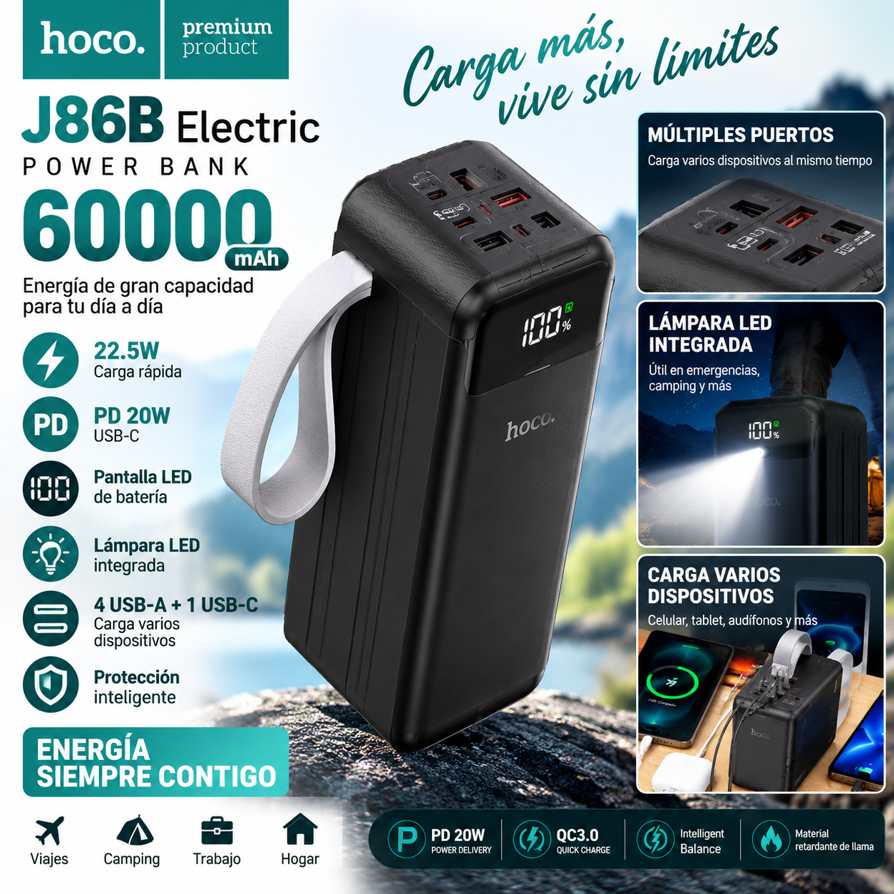 Power Bank HOCO J86B 60000mAh Carga Rápida 22.5W - Imagen 4
